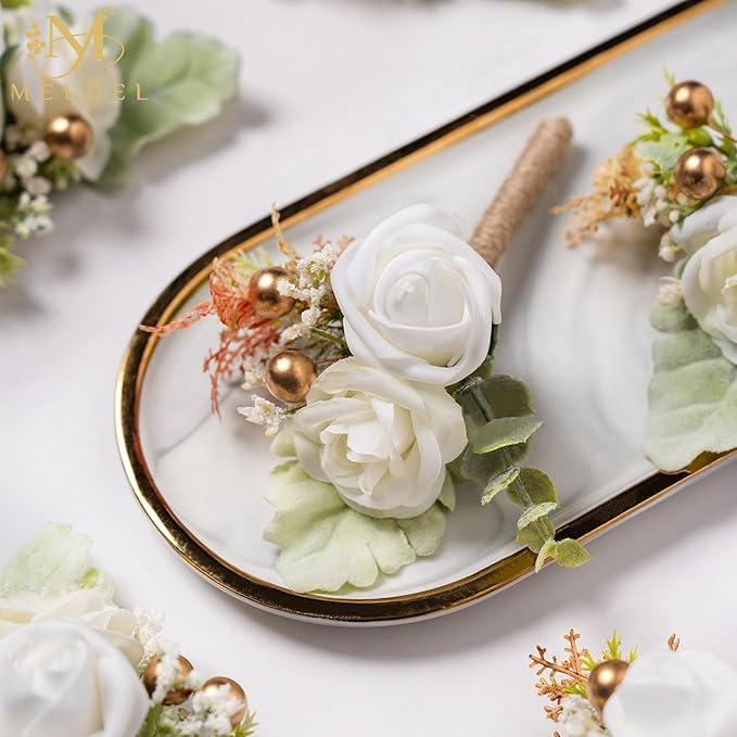 Meldel White Boutonniere for Men Wedding,Set of 6,Groom and Groomsman Boutonniere for Wedding,Greenery Rose Corsage for Men Ceremony Anniversary Party Prom Homecoming