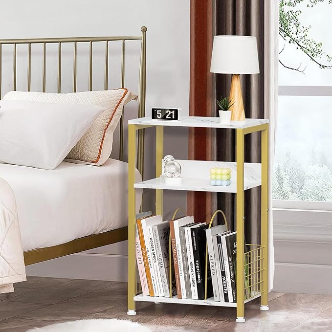 LELELINKY Side Table,White Marble Night Stand with Golden Metal Frame,3 Tier Industrial Wooden Record Player Stand with Vinyl Storage Shelf ,End Tables for Living Room Bedroom Small Spaces