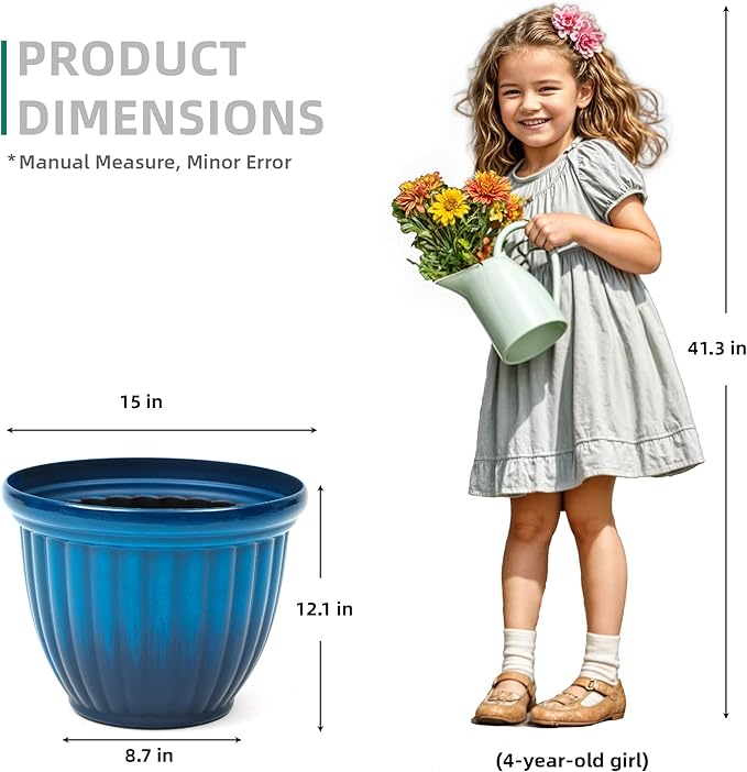 15" Large Flower Pots, Set of 2 Plastic Planters for Outdoor Indoor Plants with 3D Textures, Weather-Resistant for Porch, Garden, Patio or Indoor Use, Gradient Cobalt Blue