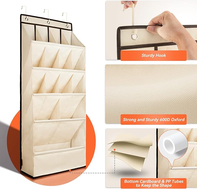 FENTEC 1 Pack Over the Door Shoe Organizers, Hanging Shoe Organizer with Large Deep Pocket Shoe Holder for Closet Shoe Rack for Wall, Over Door Shoe Storage Hold up to 18 Pairs Shoe, Beige