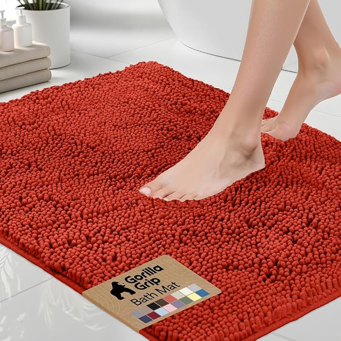 GORILLA GRIP Bath Rug Mat, Thick Soft Absorbent Chenille, Quick Dry Microfiber Mats, Rubber Backing Washable Shower Floor Rugs, US Designed Bathroom Bathmat Home Accessories, 24x17, Sunset Orange