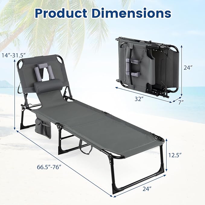 COSTWAY Tanning Chair with Face Hole, Folding Beach Lounge Chair with 4-Position Adjustable Backrest, Pillow & Side Pocket, Foldable Chaise Lounge Chair Outdoor for Sunbathing, Camping (2, Grey)