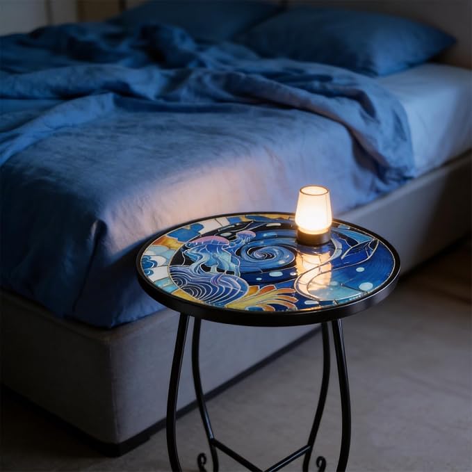 15 Inch Jellyfish Mosaic Side Table (1 PC) - Small Outdoor Round Folding Table with Weather-Resistant Metal Frame, Coastal Accent End Table for Patio, Garden, Balcony, Backyard