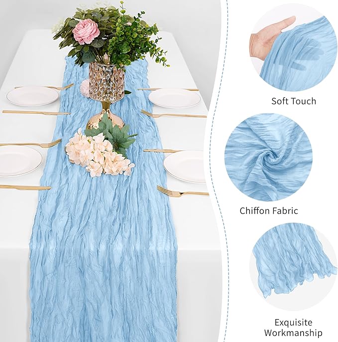 12 Pack Baby Blue Cheesecloth Table Runner 17 x 108 Inch Gauze Table Runner Fabric Semi Sheer Cheese Cloth Table Decor Bulk for Rustic Romantic Wedding Baby Shower Table Decoration