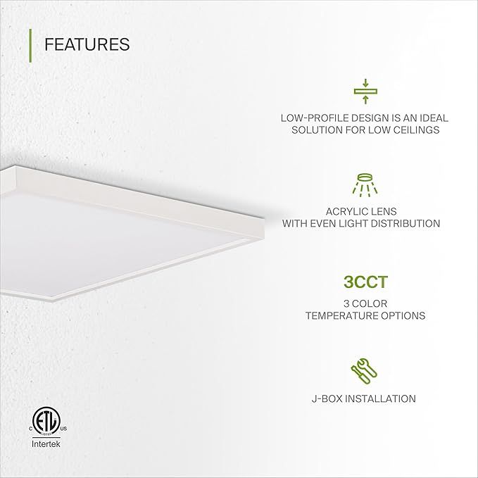 ASD LED 12" Square Flush Mount Ceiling Light Fixture, Low Profile Surface Lighting | 5CCT, Dimmable, Ultra-Thin, ETL Listed | 24W 1700LM 2700-6000K 120V | Kitchen, Bedroom, Hallway Lamp | White