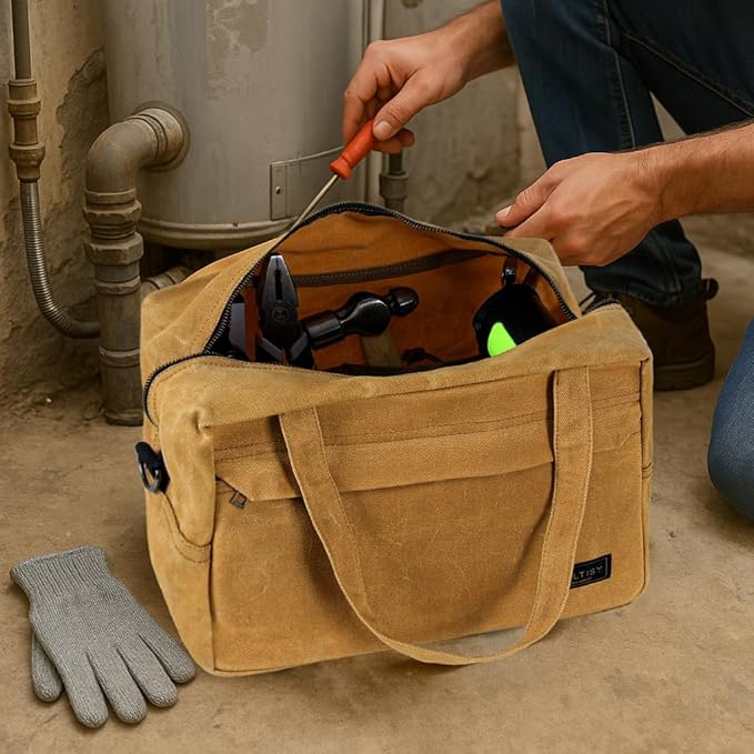 Canvas Tool Organizer, Heavy Duty 16oz Waxed Canvas Garden Hand Tools Bag - with Hidden Zipper Pocket & Large Storage Capacity, Tool Carrier for Gardening Carpentry Tools | 11.5" x 7" x 7.5"