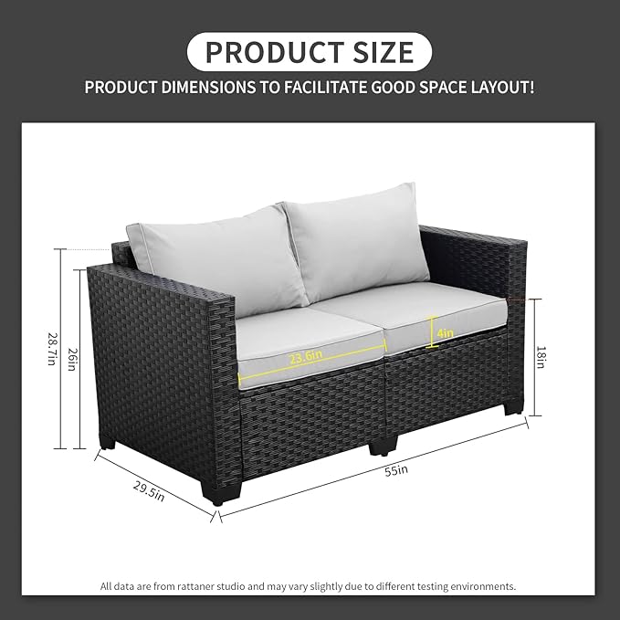 Rattaner Outdoor Furniture Loveseat Sofa Patio Furniture Small Sofa 2 Seater Couch with Anti-Slip Cushions Lumbar Pillow and Waterproof Cover, Grey