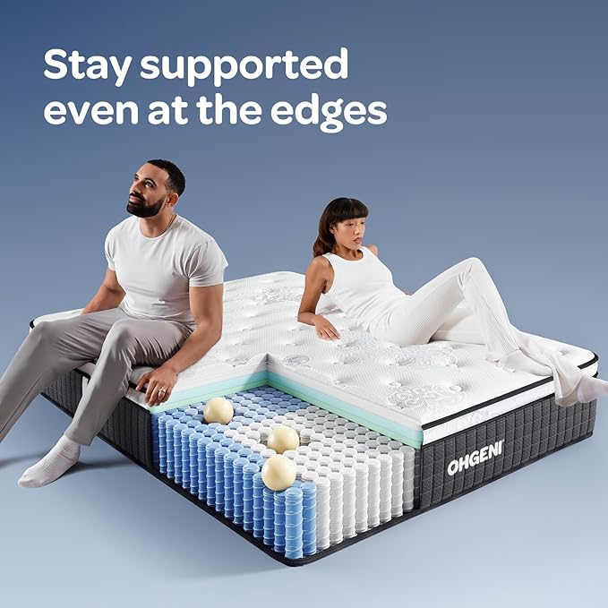 OhGeni 14 Inch Cooling Queen Size Mattress, Hybrid Gel-Infused Memory Foam Bed Mattresses in a Box, Medium Feel Cool Top Fabric, Individual Pocket Innerspring, 3-Zone Design & Reinforced Edge Support
