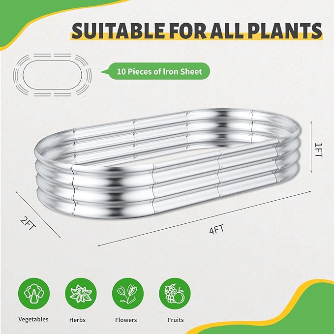 HOOPLE 2 Pack Raised Garden Bed 4x2x1FT, Galvanized Metal Raised Garden Bed Outdoor, Oval Design with Open Base for Better Drainage, Compact Garden Bed for Vegetables, Herbs & Flowers
