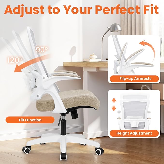 NEO CHAIR Office Desk Chair Computer High Back Mesh Gaming Seat with Ergonomic Adjustable Comfy Flip-up Armrests Lumbar Support Height for Home (Beige)