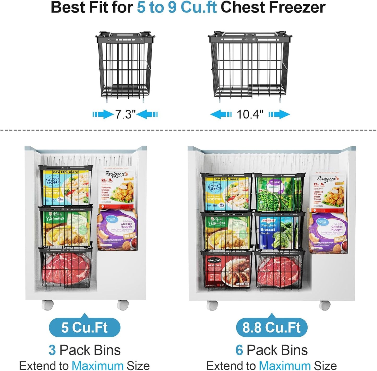 iSPECLE Freezer Organizer Bins - 6 Pack Adjustable & Extra Large Chest Freezer Organizer Bins for 5 to 9 Cu.Ft Deep Freezer, Easy Organize Basket Store More, Stackable No Wasted Space, Black