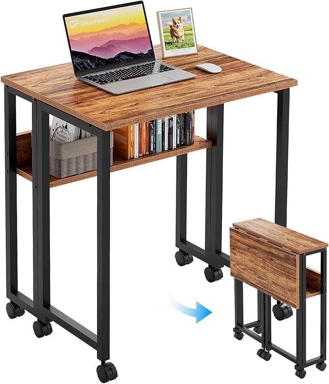 GreenForest Folding Desk Small Rolling Desk with Storage Shelf, 24.8 inch Foldable Computer Desk with Wheels for Small Space, Easy Assembly,Walnut