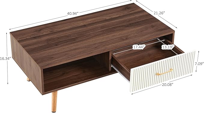 Mid Century Wooden Coffee Table with Stripe Drawer，Modern 41" Large Center Table with Storage，Rectangular Walnut Wood Coffee Tables for Living Room, 2-Tier Cocktail Table, Solid Wood Legs