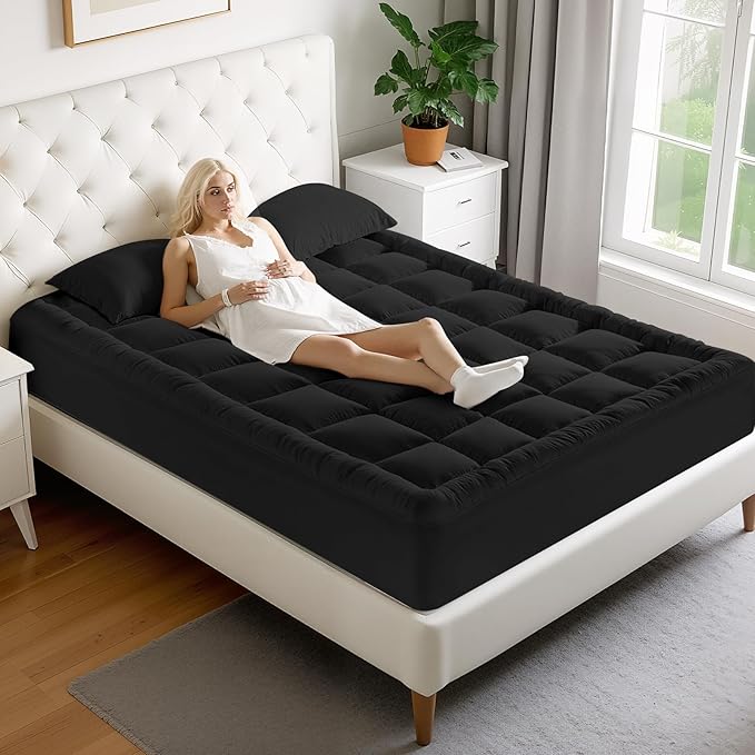 MATBEBY Full Size Mattress Pad - Cooling Breathable Mattress Topper, Quilted Fitted Mattress Protector, Pillow Top Mattress Cover with 8-21" Deep Pocket, Soft, Machine Washable, Black, 54x75 Inches