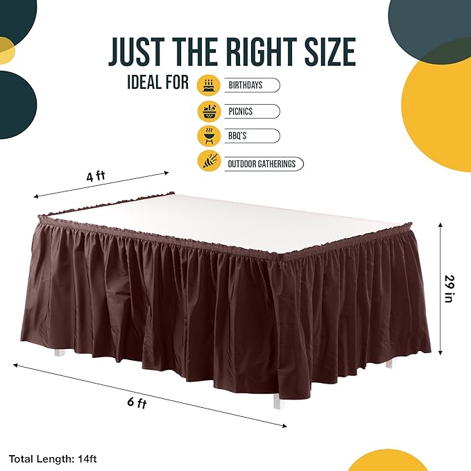 Exquisite Ruffle Table Skirt Brown 6 Pack 14 Ft Long for Rectangle 6ft Plus or Round Tables With Adhesive Strip for Gender Reveal Decor & Happy Birthday Parties