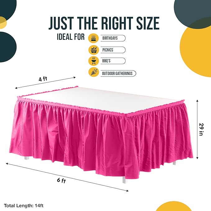 Exquisite Ruffle Table Skirt Cerise 2 Pack 14 Ft Long for Rectangle 6ft Plus or Round Tables With Adhesive Strip for Gender Reveal Decor & Happy Birthday Parties