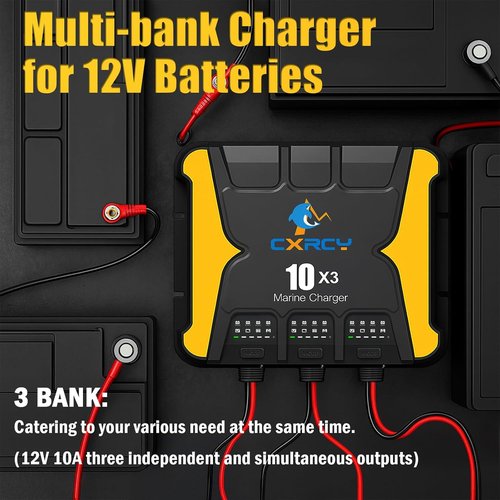 **3 Bank Battery Charger 12V - 30A Waterproof Marine Charger & Maintainer for SLA/AGM, Lithium, Calcium & Deep-Cycle Batteries**