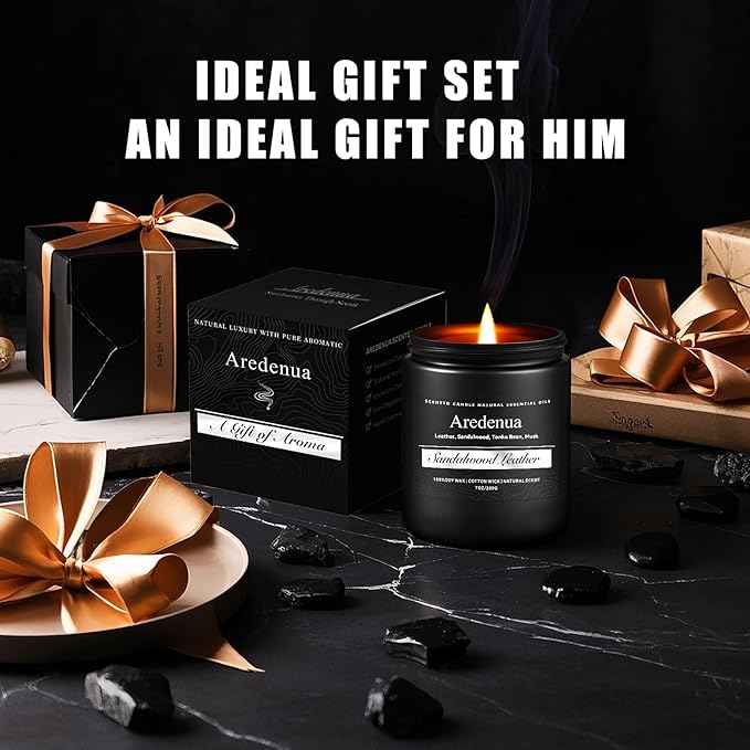 Sandalwood Leather Candle, Manly Candles for Home Scented, Masculine Aromatherapy Gifts for Men - 7oz Soy Candle, 50 Hours Burn Time, Perfect for Relaxing Home Fragrance