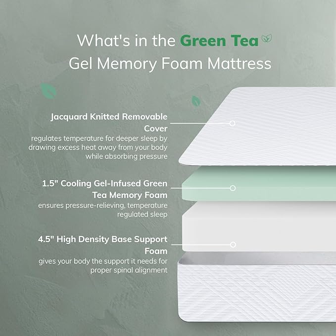 EGO 6 Inch Twin Mattress - Green Tea Memory Foam, Cooling Gel, Fiberglass-Free, CertiPUR-US Certified, for Kids, Bunk Beds, Trundle & Daybeds