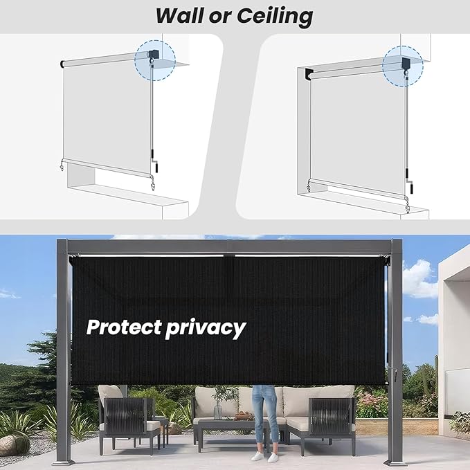 Custom Size Black Patio Shades Roll up Outdoor Roller Shade Crank Wand Blind