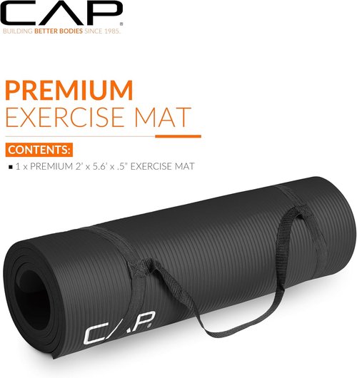 CAP Barbell High Density Yoga Mat with Strap - 1/2-Inch Thickness | Multiple Color Options