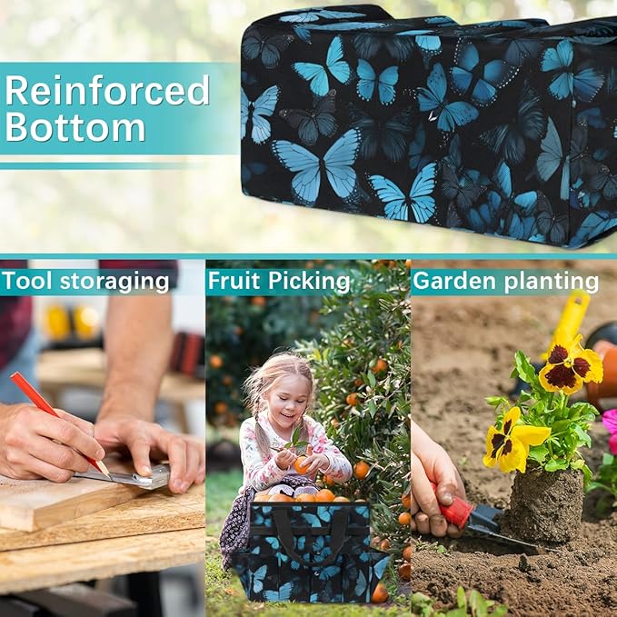 Butterfly Blue Gardening Tool Bag,Heavy Duty Garden Tote Bag,Portable Oxford Gardening Storage Basket Organizer Handbag with Pockets Handle,Hand Tools Gifts for Outdoor Garden Lawn Yard
