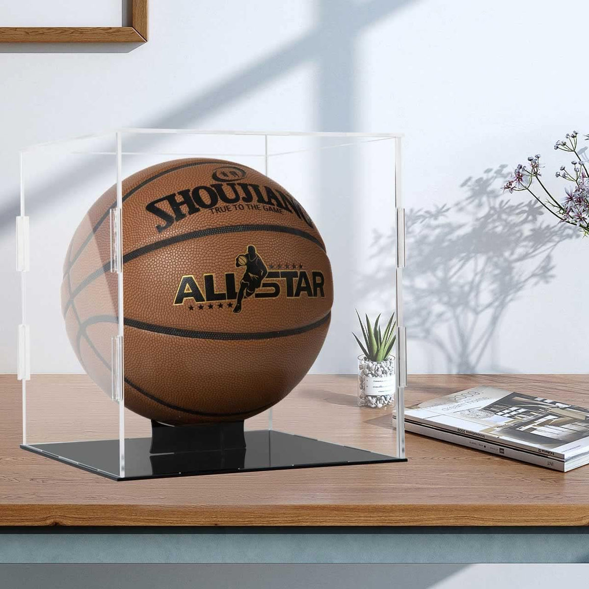 Skiennix Basketball Display Case - Clear Acrylic Cube with Black Stand for Sports Protection