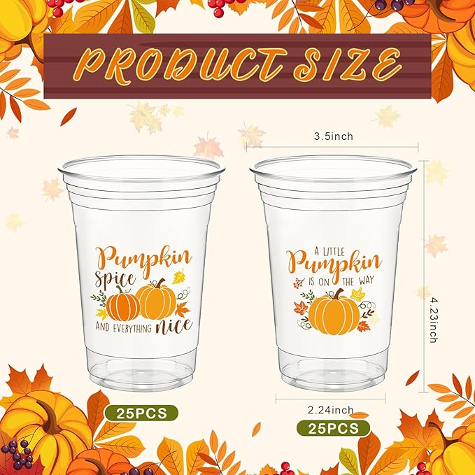 Meanplan 50 Pcs 12oz Fall Baby Shower Party Plastic Cups A Little Pumpkin is On The Way Disposable Clear Cups for Thanksgiving Autumn Baby Shower Gender Reveal Supplies Decorations(Orange)