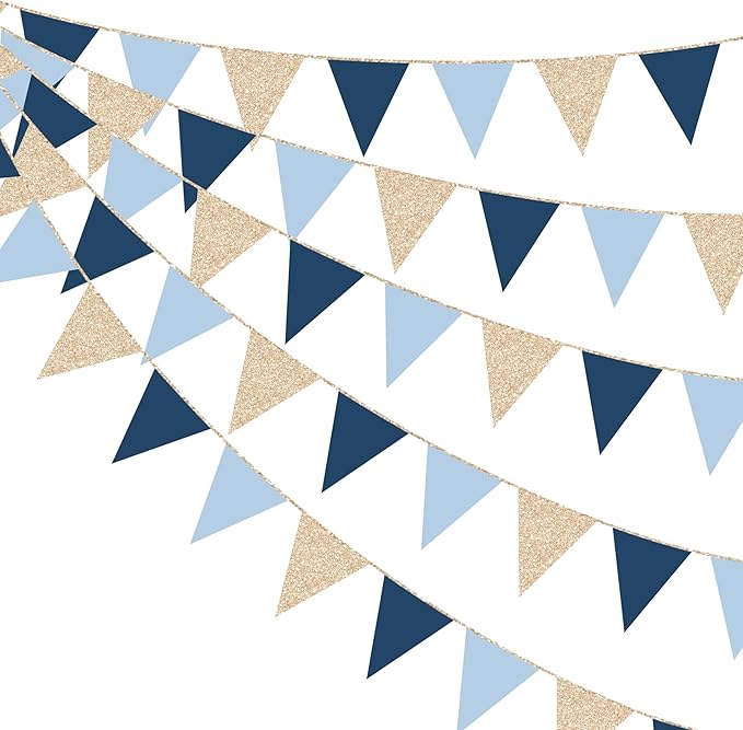 Champagne Gold Navy Blue Dusty Blue Pennant Banner Flag Hanging Paper Triangle Bunting for Birthday Baby Shower Graduation Wedding Bachelor Retirement Nautical Ahoy Achor Party Decorations Supplies