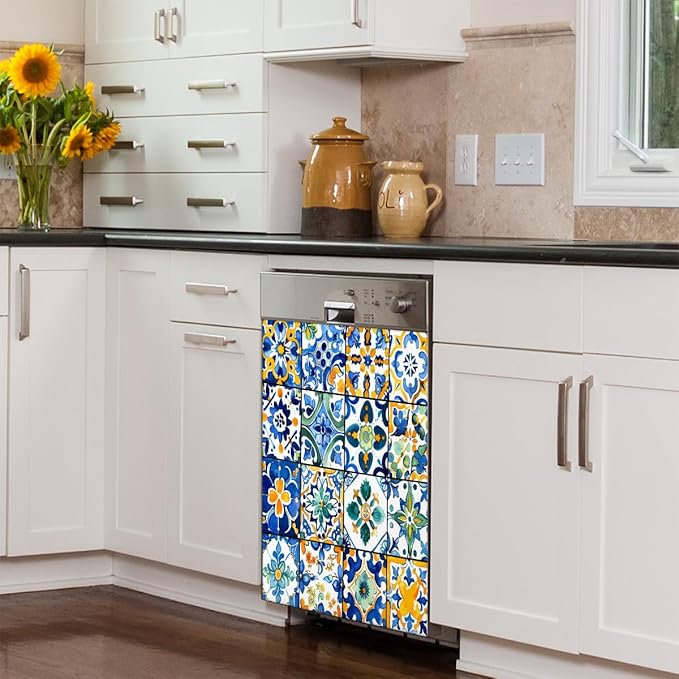 Dishwasher Magnet Cover Troditional Spanish Tile Pattern Reusable Dishwasher Magnetic Cover Sticker Decorative Dish Washer Door Cover Panel for Home Kitcen Appliance