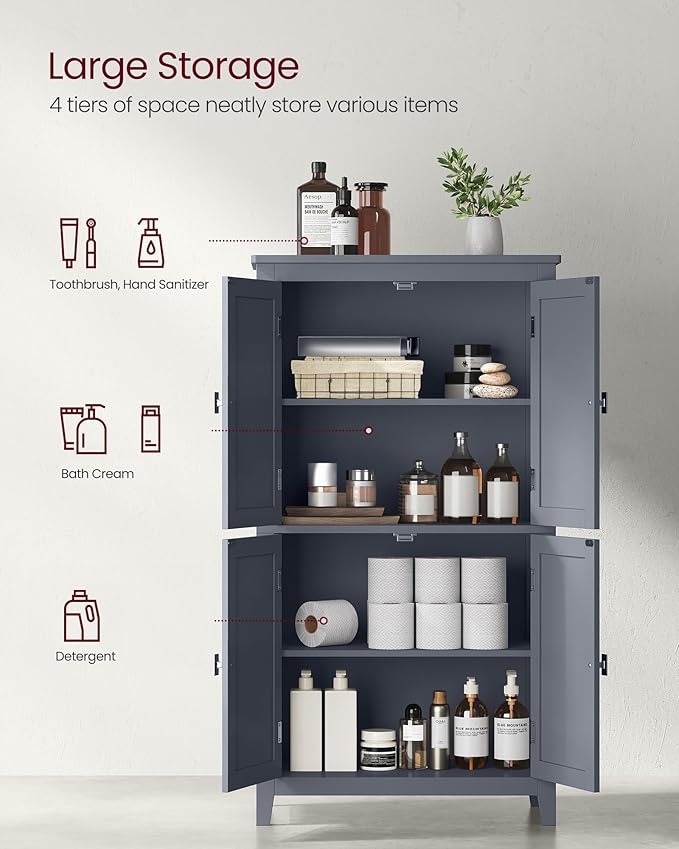 VASAGLE Floor Storage Cabinet, Freestanding Storage Unit with 4 Doors, Adjustable Shelves, 11.8 x 23.6 x 43.3 Inches, for Entryway, Bathroom, Slate Gray UBBC552G01