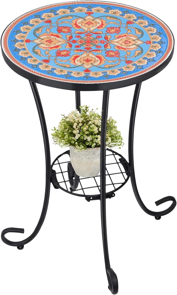 VCUTEKA Outdoor Side Table Mosaic Patio Table Accent Tables Mosaic Tile Top Metal Frame Small End Tables Porch Beach Patio Garden Balcony Blue 14''
