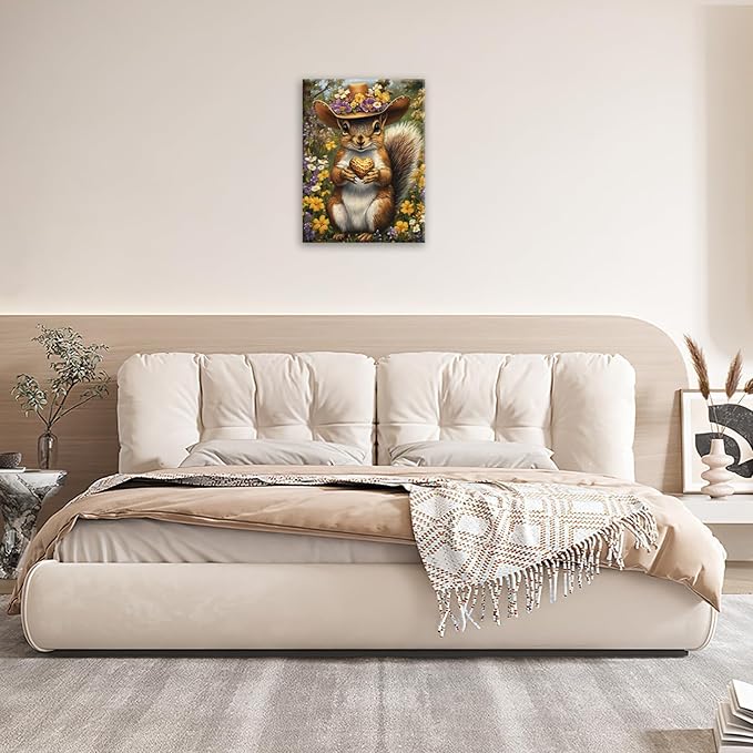 Western Squirrel Wall Art, Squirrel Peanut Pictures Wall Decor, Country Rustic Animal Canvas Prints, Forest Flower Painting, Framed Artwork for Bathroom Living Room Bedroom Dining Room 20"X16"