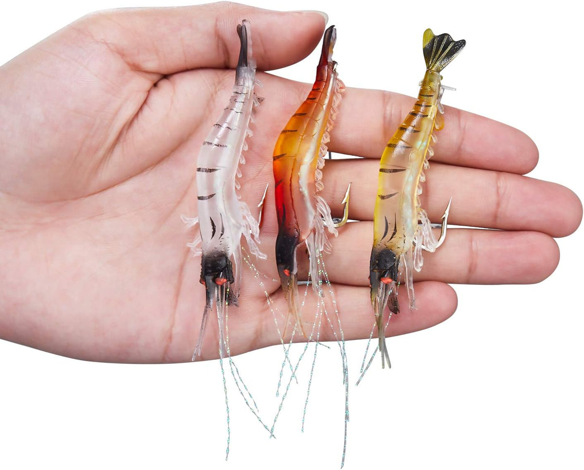 WANBY Fishing Shrimp Lures - Luminous Silicone Soft Bait Set with Hooks for Freshwater & Saltwater