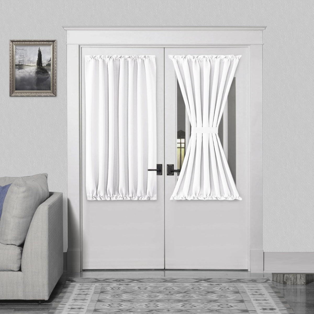 DWCN French Door Curtains – Rod Pocket Thermal Curtain for Doors with Glass Window, Kitchen and Patio Doors for Privacy, 54 X 40 Inches Long, 1 Curtain Panel with Tieback, Pure White