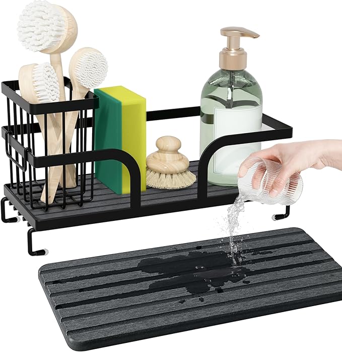 Sponge Holder for Kitchen Sink,Sink Caddy Organizers with Stone Drying Tray, Kitchen Sink Organizer for Sponges, Soap, 9.7" x 4.2"x 3.2" Home Decor Storage and Organization,1PCS Black