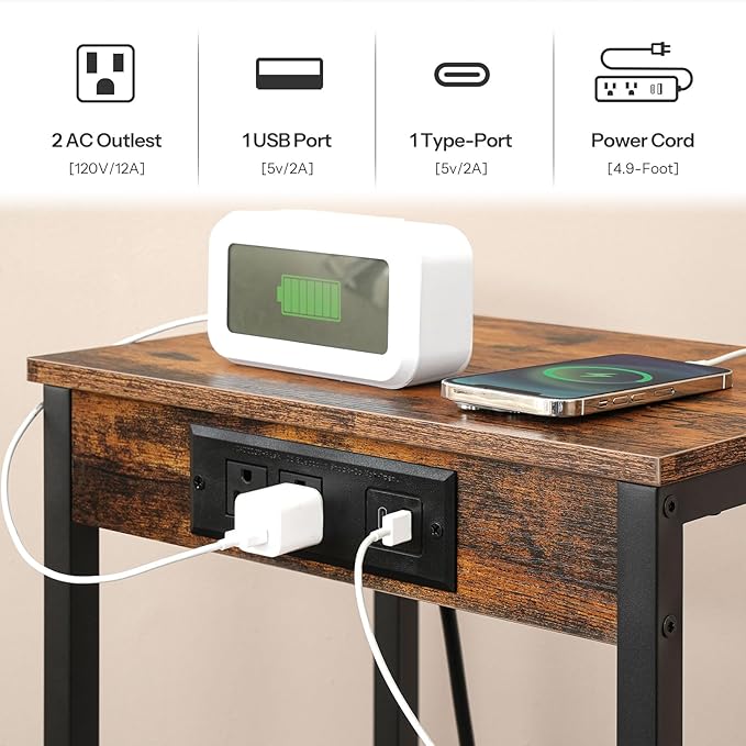 HOOBRO Tall End Table with Charging Station, 30 Inch Slim Tall Nightstand, 3-Tier Narrow Side Table with Adjustable Shelf, for Living Room, Bedroom, Small Space, Hallway, Rustic Brown BF09UDH01G1