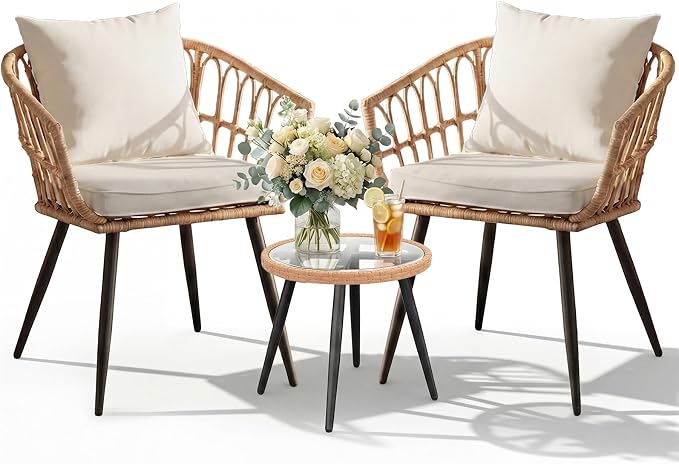 3 Piece Patio Bistro Set, Outdoor Wicker Apartment Balcony Furniture Set, All-Weather Rattan Patio Conversation Set for Backyard, Balcony and Porch with Soft Cushions, Tempered Glass Side Table(Beige)