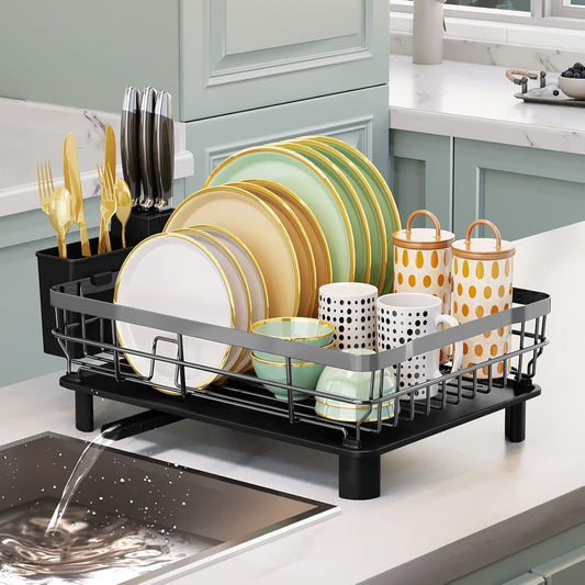 Iron Dish Drying Rack with Drainboard Dish Drainers for Kitchen Counter Extendable Spout Strainers with Utensil Holder and Knife Slots, Grey