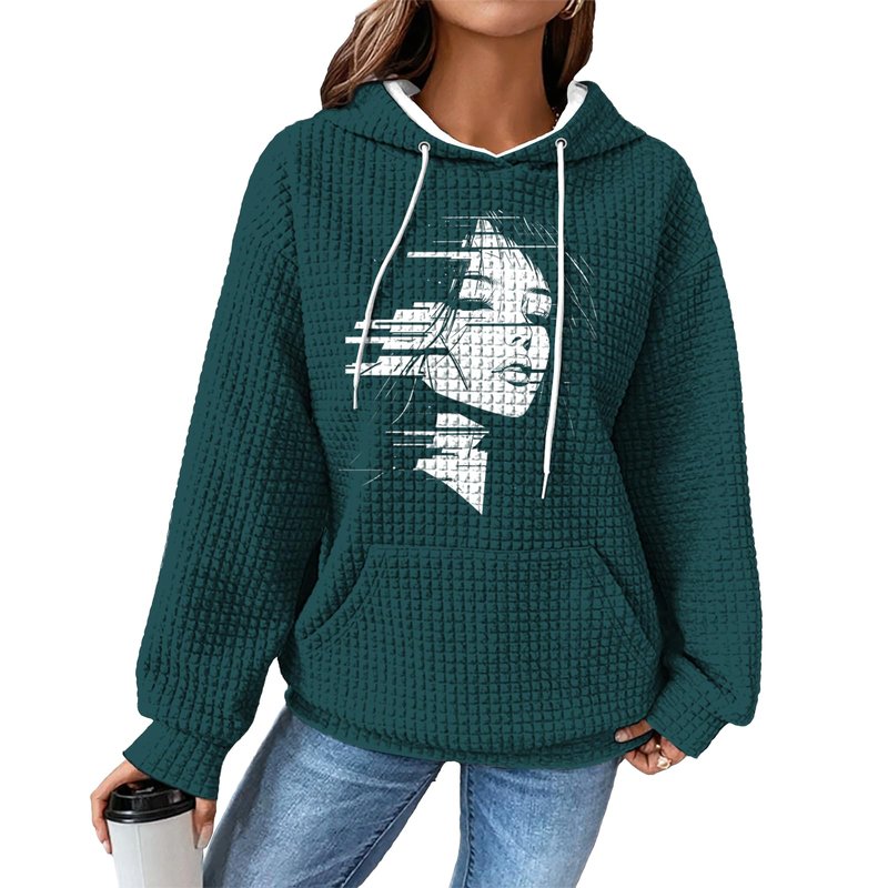 domirica Womens Sweatshirts Side Face Elegant Loose Fit Business Casual Waffle Sweatshirt Women Long Sleeve Drawstring Pullover With Pocket Retro Workout Oversized Outfits Street Wear,XL