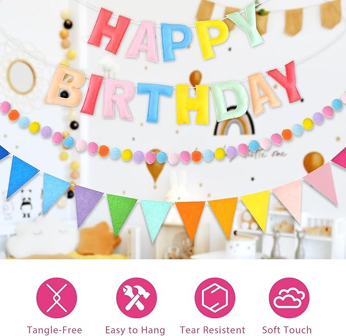 CANREVEL Pre-Strung 3D Happy Birthday Banner, 3 PCS Pastel Felt Garland, Pom Pom Garland, Triangle Fabric Bunting, Reusable Pastel Birthday Decorations for Women Girls