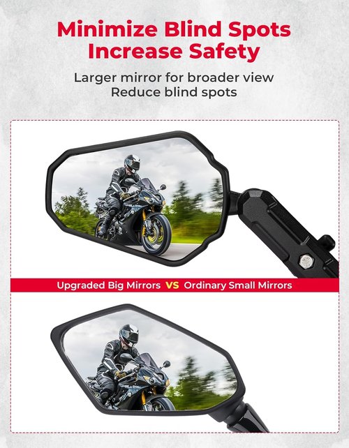 KEMIMOTO Universal Rearview Motorcycle Mirrors - Adjustable M8/M10 Bolt, 360° Convex Design, Foldable