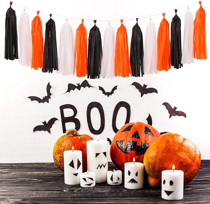 Black White Orange Halloween Party-Decorations - 33pcs Birthday Banner,Streamers Tassel Garland,Paper Lantern Fans,Tissue Pom Poms,Bachelorette Baby Bridal Shower Graduations Backdrop Decor Hugtmr