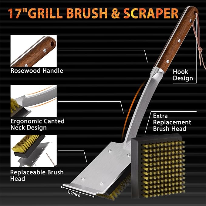ENLOY Grill Brush and Scraper for Barbecue, 17" Grill Brush for Outdoor Grill, Extended Rosewood Handle and 2 Replaceable Copper Wire Brush Heads, Grill Cleaning Brush Grill Accessories for Most Grill