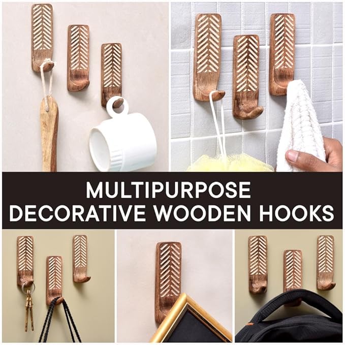 IndianShelf 10 LB- 12 Pieces Decorative Wood Adhesive Wall Hooks–Boho Peel and