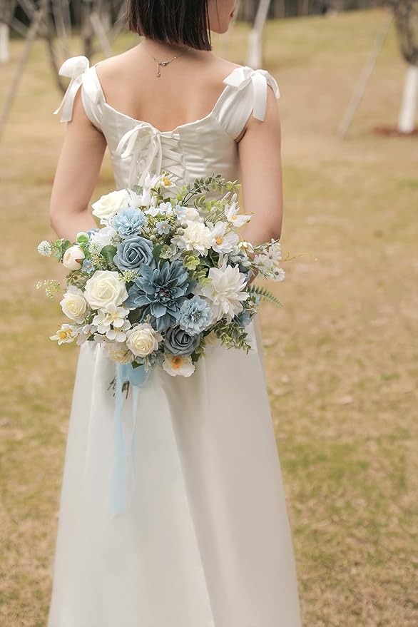 Artificial Flowers Combo Box Set Gradient Color Flower Leaf with Stems for DIY Wedding Bouquets Centerpieces Baby Shower Party Home Decor (Blue & White)