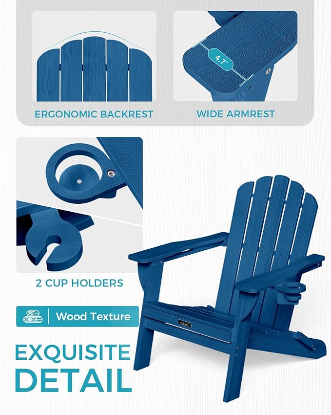 Folding Adirondack Chair,All-Weather HDPE Fire Pit Chair with 2 Cup Holders, Plastic Outdoor Chair for Patio Deck Garden Lawn, NavyBlue