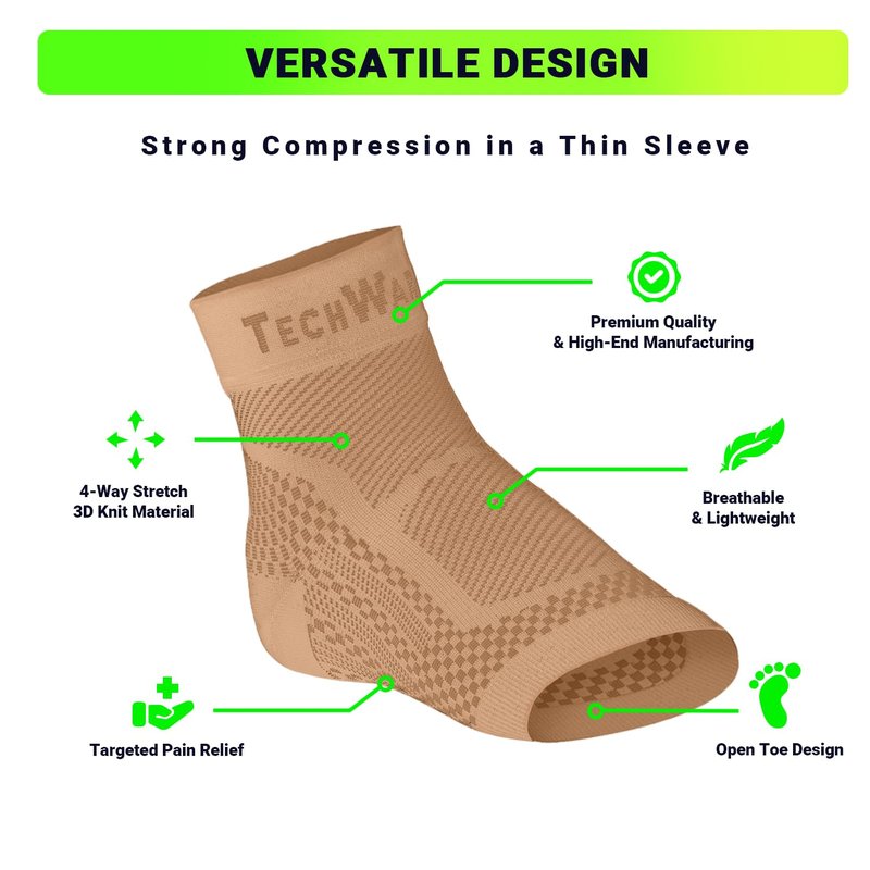 TechWare Pro Ankle Brace Compression Sleeve - Relieves Achilles Tendonitis, Joint Pain. Plantar Fasciitis Foot Sock with Arch Support Reduces Swelling & Heel Spur Pain. (Beige, L/XL)