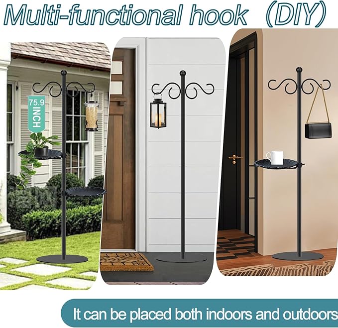Upgraded 74" Shepherd's Hook for Bird Feeder，Floor Hanging Plant，Wind Chime Stand, Waterproof Metal & Adjustable-Height Standing Pole Holder for Lantern and Wreath, Indoor & Outdoor（2 Placement Racks)