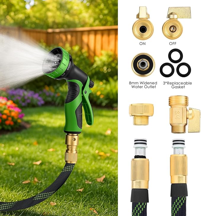 Non-Expandable Garden Hose 100FT – Heavy Duty No-Kink Flexible Water Hose with 10-Function Spray Nozzle, Solid Brass Fittings, Leakproof Design, Hanger & Washers – for Outdoor Use